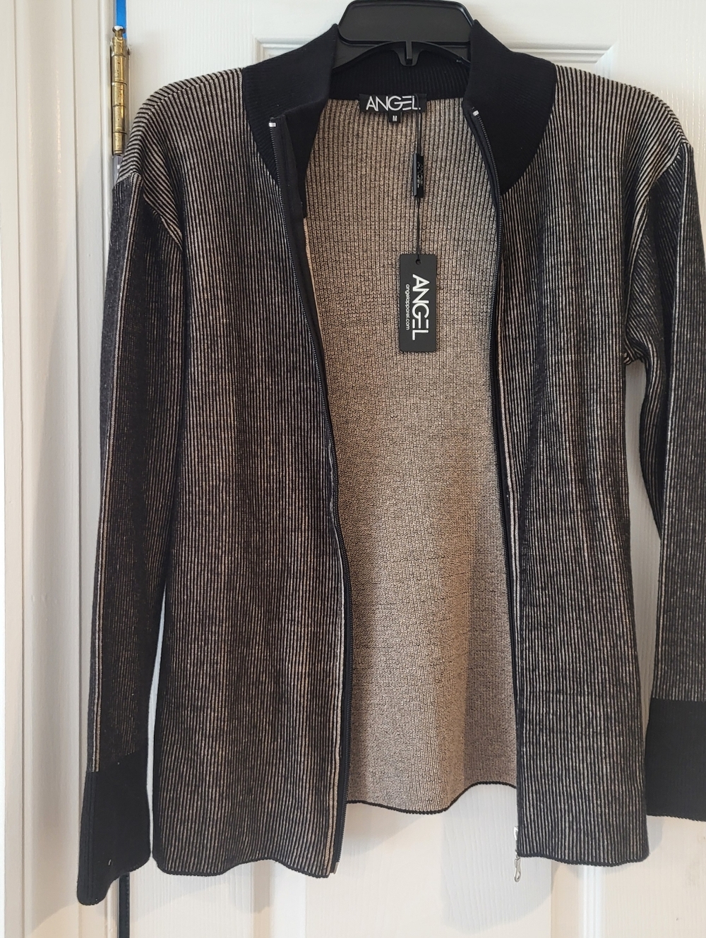 Angel Metallic Ribbed Zip Cardigan - Black & Silver Stripe